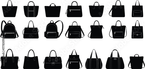 Handbag silhouette collection, fashion bag vector set, tote backpack satchel crossbody, stylish purse illustration, accessory design elements, black bag clipart artwork