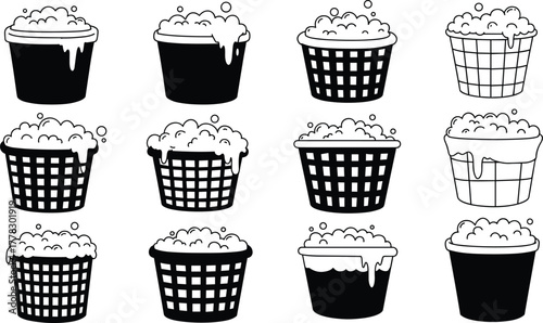 Laundry basket vector illustration set, soap suds overflowing, household cleaning icon collection, washing basket graphic, detergent bubbles design, modern hygiene symbol template