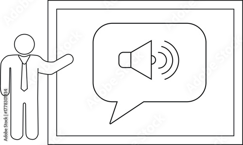 Stick figure presents a whiteboard featuring a speech bubble containing a speaker icon with sound waves