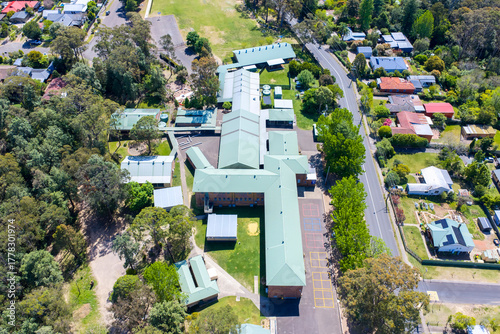 Drone aerial photograph of Springwood Public School which is located amongst lush foliage in the lower Blue Mountains town of Springwood in NSW, Australia.