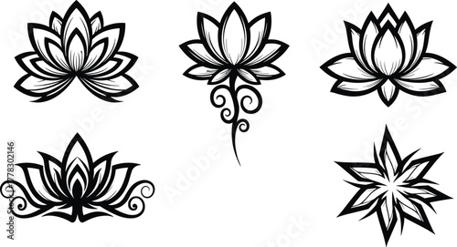 Lotus flower vector set, decorative floral symbols, black and white line art, tattoo design elements, spiritual yoga icon, minimal ornamental artwork