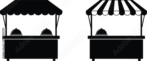 Market stall silhouette vector illustration, food stand icons set, street vendor kiosk design, canopy booth graphic, retail shop concept, minimalist black style