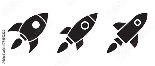 Set of three rocket launch icons. illustrating progress and success.