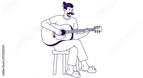 Man playing acoustic guitar while sitting on a stool, enjoying a relaxed moment