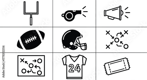 Football game icons vector set goal post helmet ticket and more vector