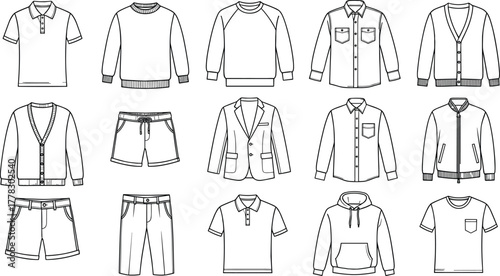 Men’s clothing silhouette vector illustration, fashion apparel icons set, polo shirt, sweater, hoodie, blazer, pants, shorts, jacket, minimalist style design