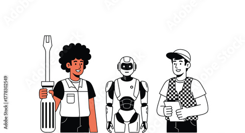 Automation robotics ai artificial intelligence workers technicians vector