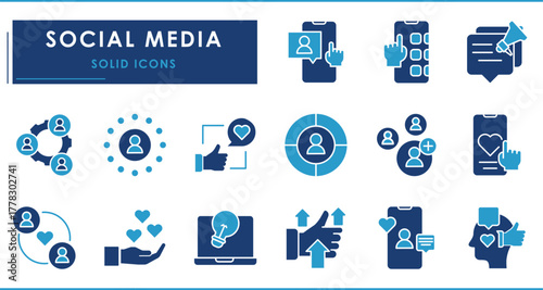 Social Media icons set. Flat icons related to Social media and it's features.