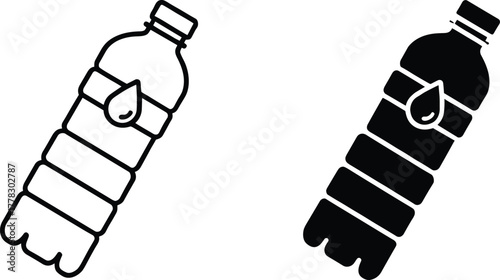 Plastic water bottle icons, black and white vector, beverage container symbols, droplet label design, hydration illustration, drink packaging, minimal outline and solid style