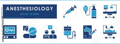A set of Solid icons related to Anesthesiology. Medical team, operating monitor, heart monitor, pills, nerve block diagram, and so on.