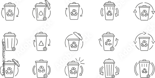 Recycling bin vector icons set, black and white waste management symbols, trash can illustration with arrows lids motion signs, environmental conservation design collection