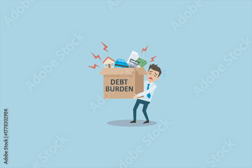 Businessman carrying a heavy box labeled debt burden with house, car, bills, and money inside, showing stress and financial pressure in flat vector style. Vector illustration.