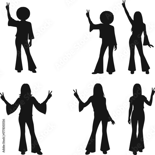 Retro disco people silhouette vector set, 1970s fashion dance poses with afro hairstyles and peace signs, vintage party illustration, cultural history design