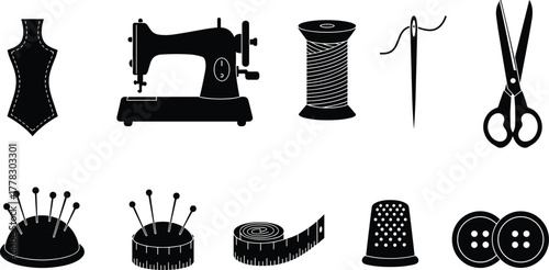 Sewing tools silhouette vector set, black tailoring icons collection, mannequin sewing machine scissors thread needle buttons thimble pincushion, fashion design equipment illustration