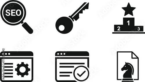 SEO strategy icons vector, digital marketing symbols, website optimization illustration, keyword planning design, ranking achievement graphic, content verification icon, minimal black silhouette set
