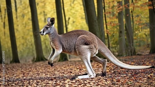 Kangaroo hopping through a forest with fallen leaves on the ground in autumn season scenery view kangaroo video