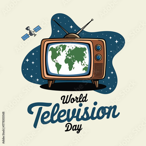 Vector art of world television day with a vintage television showing a green world map against a starry background and a satellite