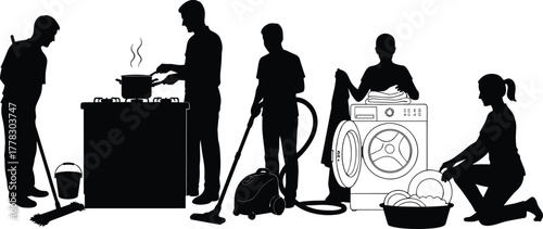 Silhouette people doing household chores, cleaning, cooking, laundry, vacuuming, washing dishes, domestic work vector illustration, home maintenance and family responsibilities design