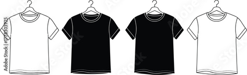 Silhouette t‑shirts on hangers, black and white clothing design, fashion apparel vector illustration, casual wear concept for wardrobe, retail, store, and style