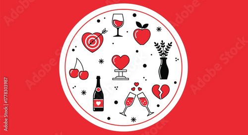 Valentine's day circle with hearts wine and champagne illustration vector
