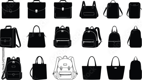 Silhouette vector collection of bags, backpack, handbag, tote, briefcase, luggage, purse, fashion accessory, travel, shopping, business, isolated icons