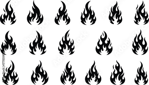 Silhouette vector collection of flame icons, fire symbol, burning design, abstract shapes, black isolated illustration, hot energy, danger, heat, warning sign