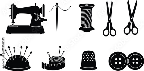 Silhouette vector collection of sewing tools, vintage machine, needle and thread, scissors, spool, thimble, buttons, pincushion, tailoring accessories, isolated design illustration