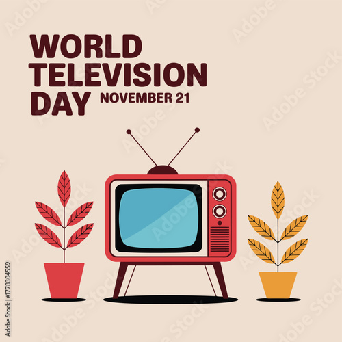 Vector art of world television day on november 21st depicted with a charming retro television set flanked by decorative potted plants, a nod to media history