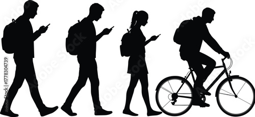Smartphone user silhouettes vector, walking people icons, distracted phone usage illustration, modern lifestyle design, cycling with mobile symbol, black minimal artwork set