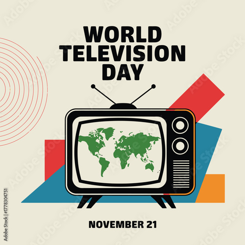 Vector art of world television day november 21 depicted with a retro tv showing a world map surrounded by geometric shapes and broadcasting signals