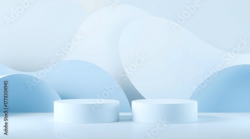 Minimalist abstract background with soft blue geometric shapes and podiums