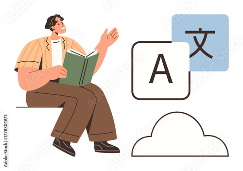 Man engaged in learning or studying with open book, accompanied by translation icons and cloud. Ideal for education, communication, language learning, knowledge sharing, technology, globalization