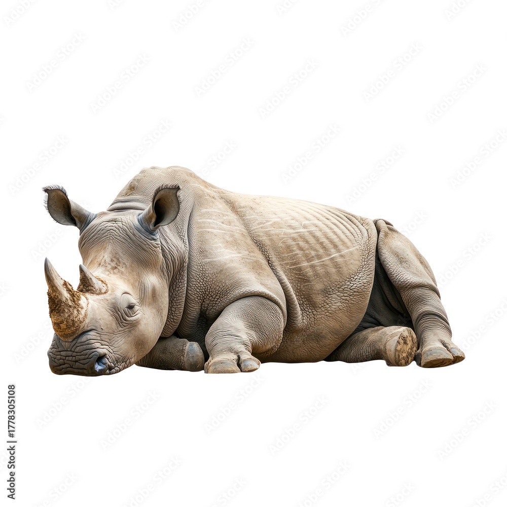 Fototapeta premium Rhino resting A rhino lies down or stands still, body relaxed with its head lowered. full length isolate on transparent background