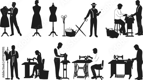 Tailoring and garment making silhouette vector illustration, sewing and fashion design icons set, dress form, sewing machine, tools, teamwork, minimalist style graphic