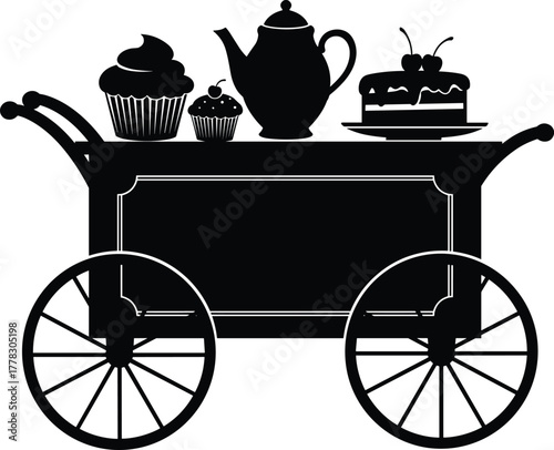 Tea cart vector illustration, vintage dessert trolley design, cupcakes and teapot graphic, cake serving icon, elegant afternoon tea symbol, classic food template