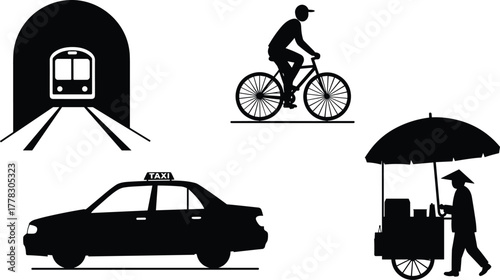 Urban transportation icons vector, subway train silhouette, bicycle rider design, taxi car illustration, street vendor cart symbol, city lifestyle graphic, black minimal artwork sett