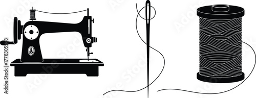 Vintage sewing machine illustration, needle with thread, spool of thread, textile craft tools, tailoring equipment, handmade fashion, retro sewing vector design