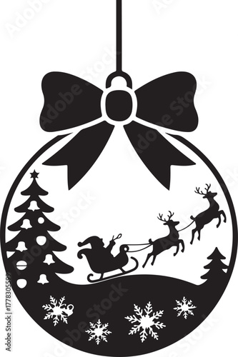 A magical Christmas illustration featuring Santa Claus on his sleigh flying across the moonlit sky, led by reindeer