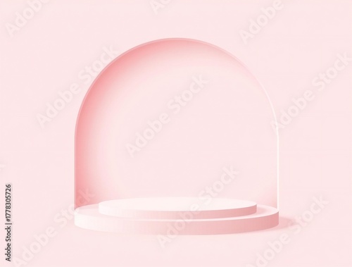 Minimalist pink archway with a clean product display pedestal