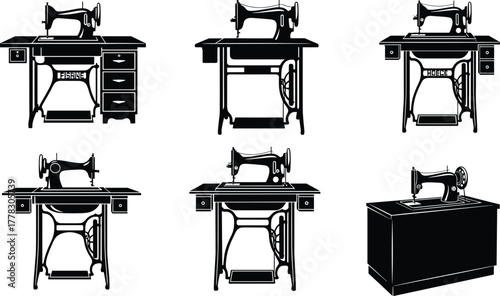 Vintage sewing machine silhouette vector illustration, antique treadle table icons set, retro tailoring equipment, fashion design tools, collectible furniture, minimalist black graphic