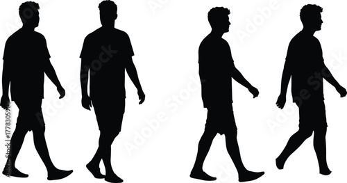 Walking cycle silhouette vector illustration, human movement poses, male figure in shorts and t-shirt, motion sequence design, biomechanics, animation, gait analysis graphic
