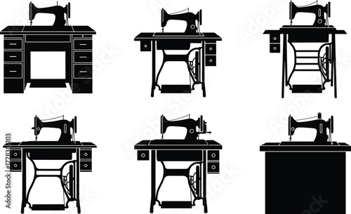 Vintage sewing machine silhouette vector illustration, antique treadle table icons set, retro tailoring equipment, fashion design tools, collectible furniture, minimalist graphic