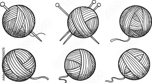 Yarn ball silhouette vector illustration, knitting and crochet icons set, wool thread design, textile craft tools, handmade hobby concept, minimalist black graphic