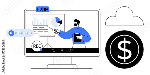 Presenter explaining charts on a video call, financial growth icon, cloud storage, HD streaming, and recording tools. Ideal for education, finance, tech, cloud systems tutorials webinars business