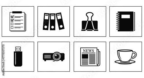 Office supplies vector icons set for business and productivity design editable