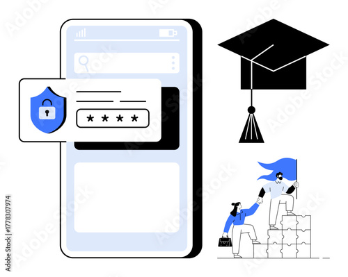 Smartphone screen with secure login, graduation cap symbolizing learning, teammates climbing blocks with a flag. Ideal for cybersecurity, education, teamwork, user data, online learning, achievement
