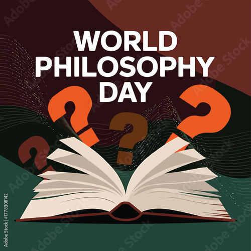 Vector art of world philosophy day celebration with an open book and question marks, symbolizing inquiry and knowledge exploration