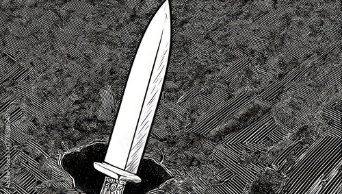 Monochrome Sword Stuck in Ground Illustration with Detailed Textures.
