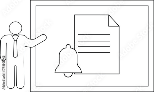 A man presents a document with a notification bell on a framed board