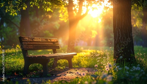 Fototapeta Naklejka Na Ścianę i Meble -  Sunbeams on park bench